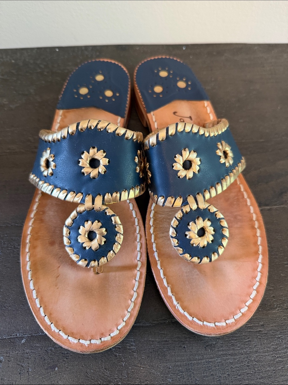 Jack Rogers Blue and Tan Leather Thong Sandals with Gold Accents Size 8